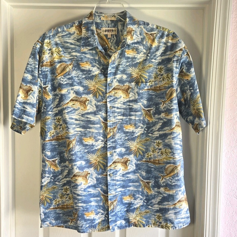 Campia Vintage Hawaiian Shirt Blue Cotton Sailfish Print Size‎ XL short Sleeve
